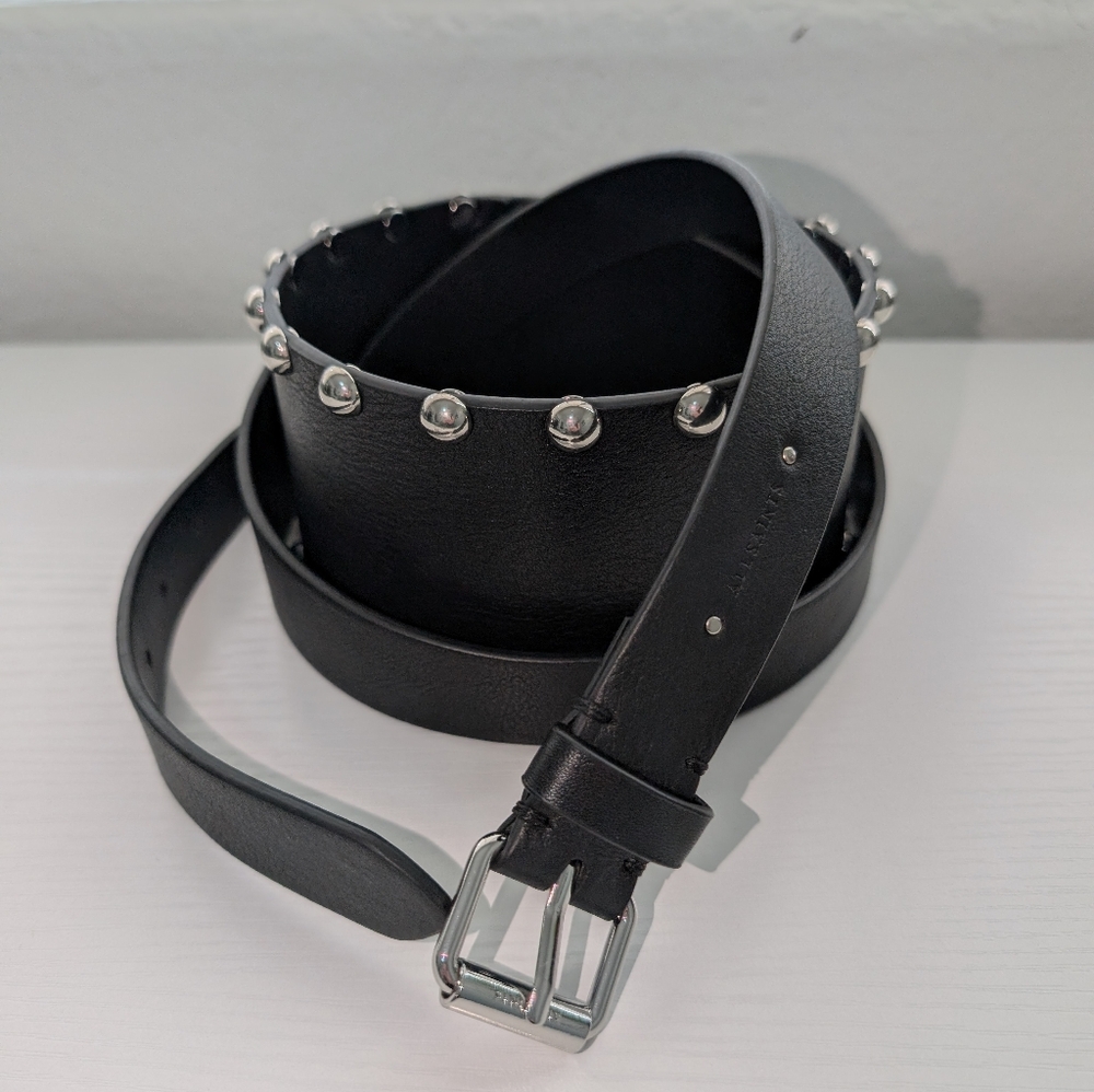 ALLSAINTS Alcor Black Leather Wrap-around Belt with Silver Studs - Picture 4 of 4